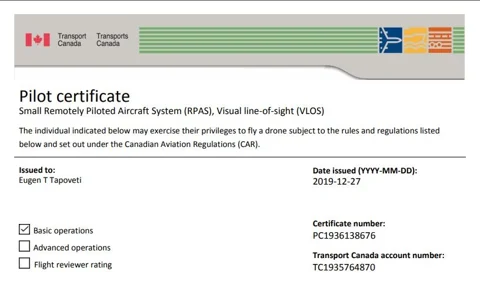 Basic Drone Pilot Certificate, Transport Canada, original document